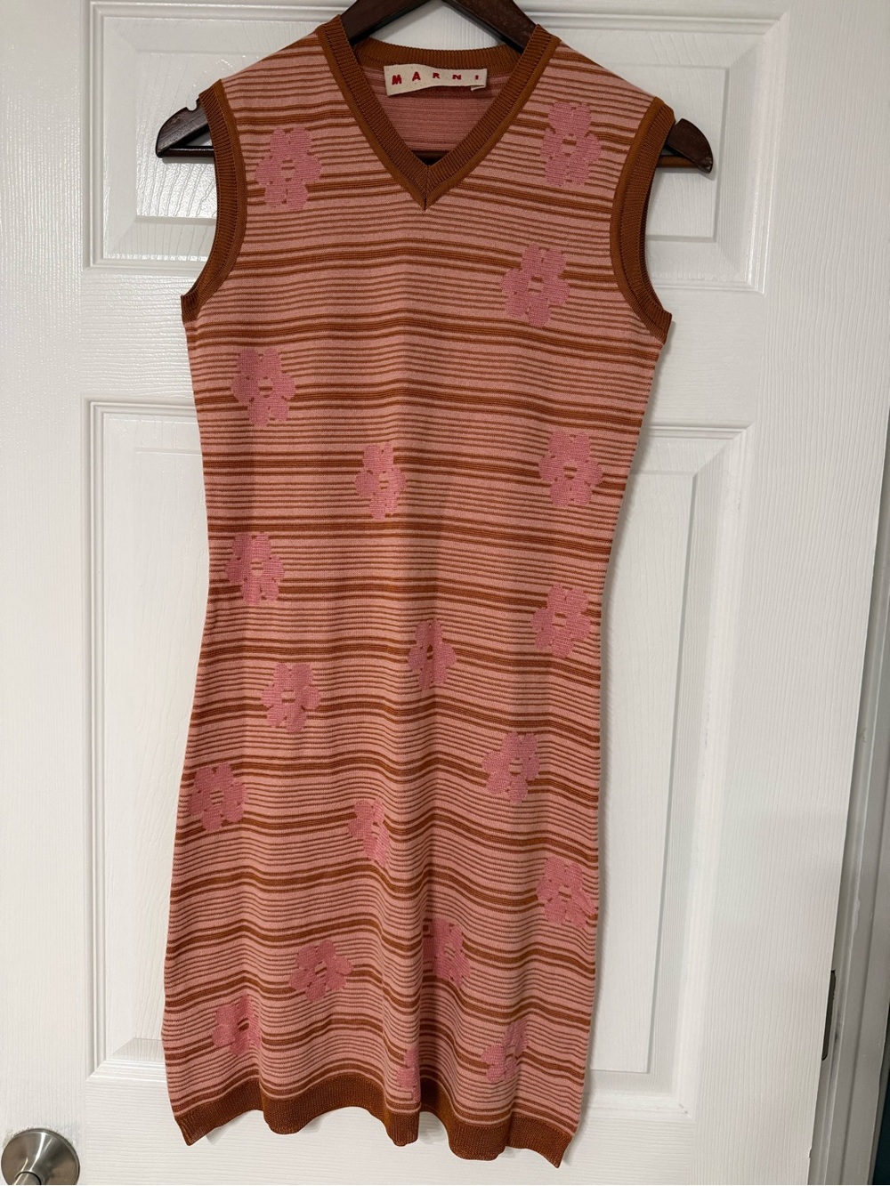 Marni Pink and Brown Striped Floral-Knit Sleeveless Dress